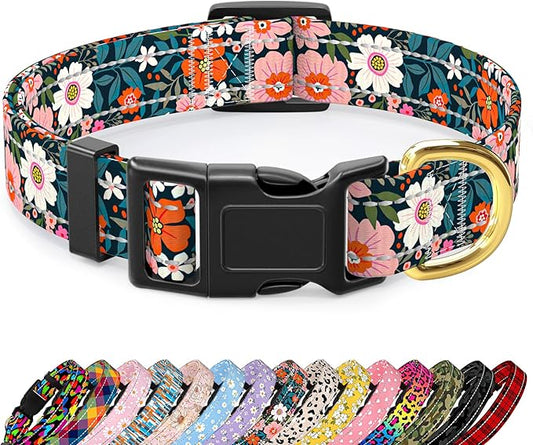 Reflective Dog Collar for Large Dogs, Cute Flower Theme Adjustable Heavy-Duty Nylon Puppy Collar for Boy and Girl Female, Soft Pet Accessories with Quick Release Buckle, Elegant Floral