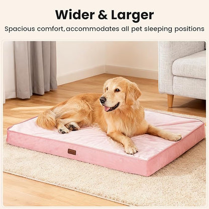 OhGeni Orthopedic Waterproof Dog Bed for Large Dogs, Machine-Washable Removable Cover in Easy-Clean Fabric, High Density Foam & Easy-Carry Handle, Wider and Larger, 44 inch (Pink)