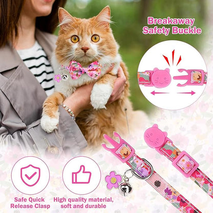 Cat Collar Breakaway with Bells, Pink Cat Bowtie Collar for Girl Cats, Small Cat Collar with Bow for Spring Summer, 2 Pack Soft Cute Floral Kitten Collar with Removable Shirt Collar 8-12Inch