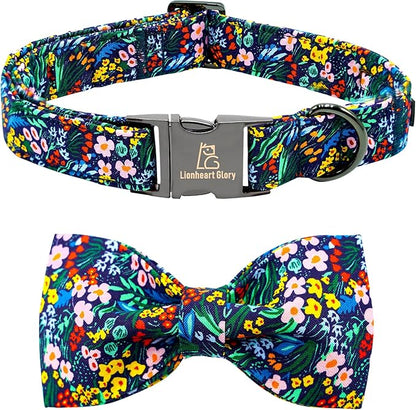 Lionheart glory Dog Collar Darkblue Flower Dog Bow Collars Floral Dog Collar with Bow Male or Female Spring Fall Pet Gift Durable Adjustable Dog Collar for Medium Dogs