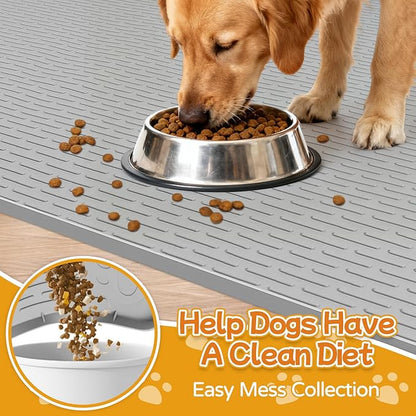 Lanstics Dog Food Mat, 40" x 28" Large Silicone Mat Dog Feeding Mat with Raised Edge Non-Slip Pet Feeding Mat for Food and Water Bowl, Easy to Clean, Floor Protection (Gray)