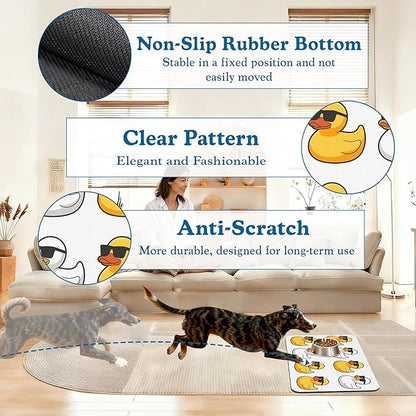Cute Ducks Glasses Pet Feeding Mat for Floors–Christmas Stocking Absorbent Quick Dry Dog Cat Bowl Mat for Food and Water, Non Slip Waterproof Base, Mess-Free Feeding Accessories 12"x20"