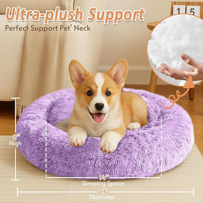JOLLYVOGUE Calming Dog Bed for Small Dogs - 23 inches Donut Washable Small Dog Bed for Kittens & Puppies, Anti-Slip Round Fluffy Plush Faux Fur Cat Beds (Fits up to 25 lbs Pets, Purple)