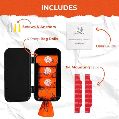 Dog Poop Bag Dispenser - Outdoor or Indoor Pet Waste Bag Dispenser Station - Stick-On or Screw-On Wall Mount - Poop Bags Storage Outdoor Container - Includes 4 Doggie Bag Rolls (Black)