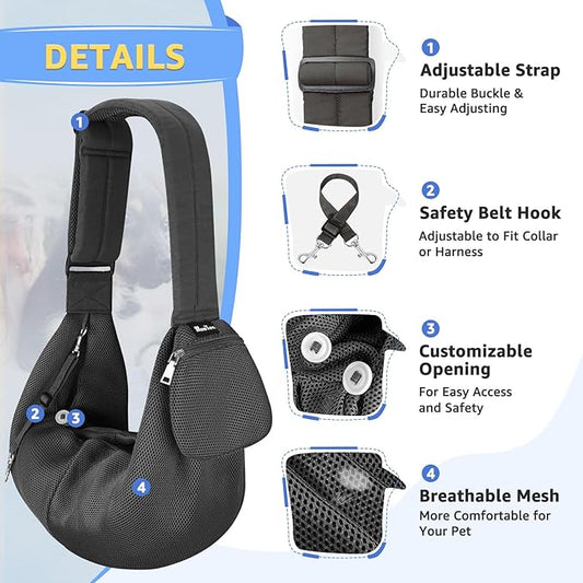 SlowTon Dog Carrier Sling - Thick Padded Shoulder Strap Adjustable Dog Carriers for Small Dogs, Puppy Carrier Purse for Pet Cat with Front Zipper Pocket Safety Belt Machine Washable (GY, L)