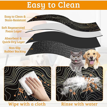 Dog Bowl Mat,Abstract Map Pet Feeding Mat for Floors Waterproof,Golden Lines Texture Absorbent Dogs Placemat for Food and Water Quick Dry Pet Cat Feeding Mats with Non Slip Bottom 12" x 20"