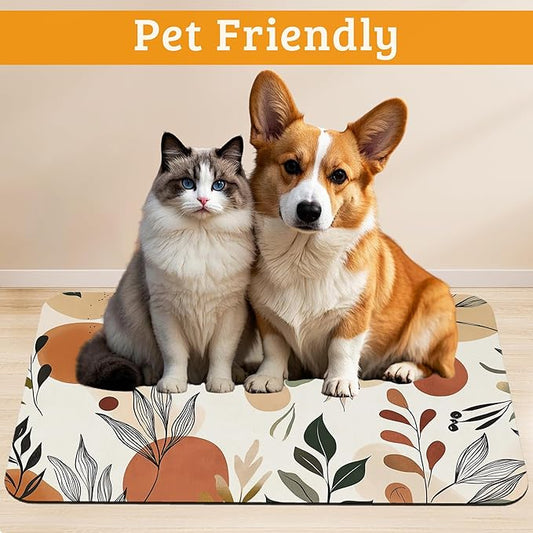 Boho Dog Cat Food Mat,Abstract Leaves Absorbent Waterproof Placemat for Food and Water Non Slip Rubber Backing Durable Feeding Pad for Clean Floors 16" x 24"