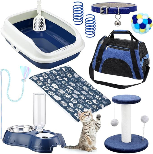 Eccliy Kitten Starter Kit, 10 Pcs Cat Starter Kit for Indoor Cats Kitten Essentials Includes Litter Box, Pet Toy, Folding Carrier, Climbing Frame, Mat, Collar, Automatic Food Bowl (Classic,Dark Blue)