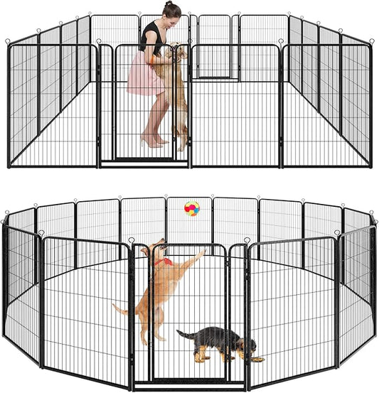 Dog Playpen Outdoor Extra Wide 16 Piece Panels Heavy Duty Dog Fence 47" Height Anti-Rust with Doors Portable for RV Camping Yard, Total 42FT, 140 Sq.ft, Snowy Black