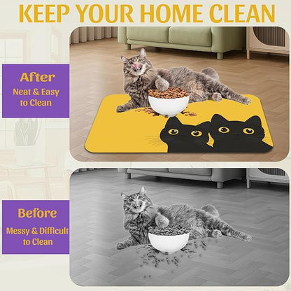 Cute Black Cat Peeking Pet Bowl Mat, Absorbent Placemat for Food and Water, Waterproof Non-Slip Rubber Base – 16x24 Inch