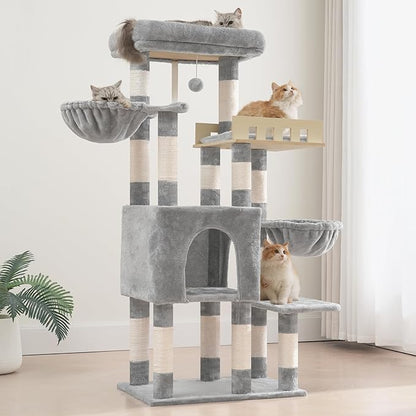 Cat Tree for Indoor Cats Large Adult, Heavy Duty Cat Tree for Large Cats 20 lbs+, Cat Condo with Big Wooden Perch, Cat Tower with 14 Scratching Posts, Hammock, Light Gray GCT023W