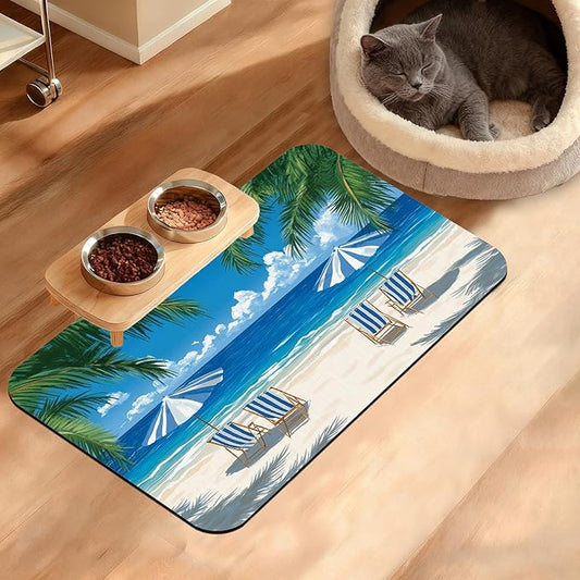 Pet Feeding Mat,Sea Beach Absorbent Dog Cat Food Mat Palm Tree Dog Mat with Rubber Backing,Non-Slip Water Bowl Placemat,Pet Supplies 12" x 20"
