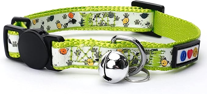Pawtitas Glow in The Dark Cat Collar with Breakaway Safety Buckle & Bell Adjustable Kitten Collar, Green