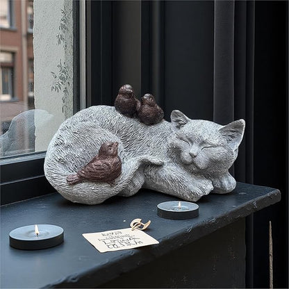Cat Statue Outdoor Garden Decor - 11.4" Sparrows on Cat Figurine Memorial Grave Markers Garden Resin Sculpture for Outdoor Decoration, Pet Statues Gifts for Loss of Tabby Sympathy 11.4" x 7.1" x 4.6"