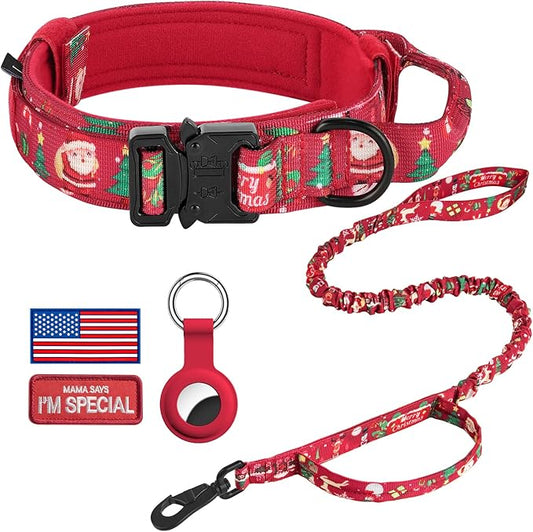 DAGANXI Tactical Dog Collar, Adjustable Military Training Nylon Dog Collar with Control Handle and Heavy Metal Buckle for Medium and Large Dogs, with Patches and Airtags Case (XL, Christmas red-Set)