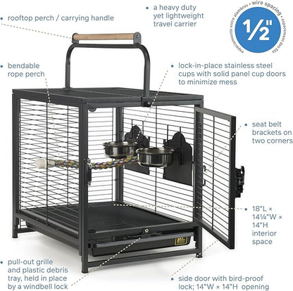 Prevue Pet Products Playtop Travel Carrier - Outdoor Travel Bird Cage for Small Parrots & Birds, Front Facing Door, Rope Perch, Lightweight & Portable, Easy Transport - Black