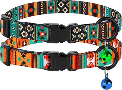 Cat Collars 2 Pack - Soft Cute Breakaway Collar with Bell, Adjustable Safety Kitten Collars for Girl & Boy Cats – Comfortable Stylish Patterned Print Lightweight (Tribal + Southwest)