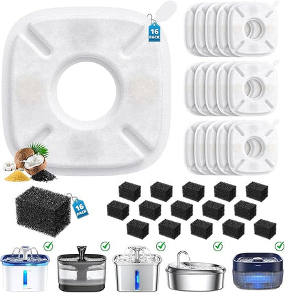 32 Pcs Cat Water Fountain Filters for Veken 95oz/2.8L, 67oz, 85oz, 135oz Dog Water Fountain Automatic Pet Fountain Dog Water Dispenser 16Pcs Pet Fountain Filter Replacement & 16Pcs Pre-Filter Sponges