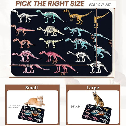 Dinosaur Skeleton Dog Cat Food Mat,Vintage Color Absorbent Pet Feeding Mat with Rubber Backing,Non-Slip Water Bowl Placemat,Indoor Pet Accessories Supplies 16"x24"