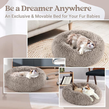 rabbitgoo Cat Beds for Indoor, 20 inches Machine Washable, Fluffy Round Pet Bed Non-Slip, Calming Soft Plush Donut Cuddler Cushion Self Warming for Small Dogs Kittens, Khaki, Medium