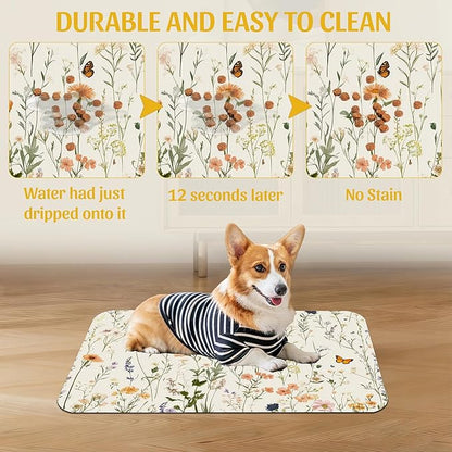 Vintage Wildflowers Herbs Pet Feeding Mat, Absorbent Bowl Pad, Quick Dry, Non-Slip Base, No Stains – 12x20 Inch