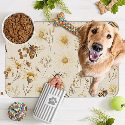 Bees Boho Daisy Floral Dog Food Mat for Floors,Absorbent Pet Food and Water Bowl Mats,Non-Slip Pet Feeding Mat,Pet Supplies 12" x 20"