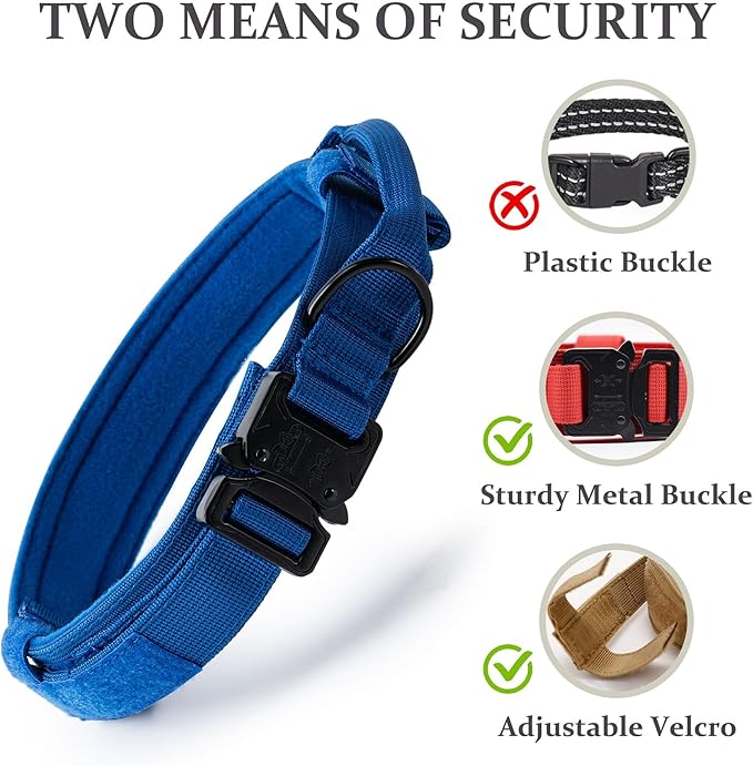Tactical Dog Collar, Adjustable Military Training Nylon Dog Collar with Control Handle and Heavy Quick-Release Metal Buckle for Small Medium Large Dogs, Dark Blue L