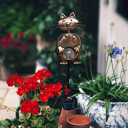 KAIXOXIN Garden Solar Lights Metal Cat Crackle Glass Globe Stake Light Waterproof Warm White LED Solar Path Lights (Cat-Bronze)
