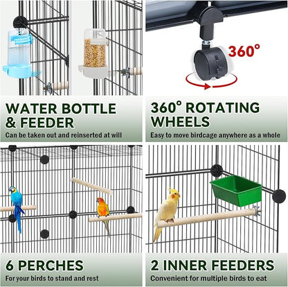 Encrypted Bird Cage (46" x 36" x 12"), with Wooden Perches, Metal Parakeet Cage with Slide-Out Tray, Water Bottle&Feeder, Bird Cages for Parrot,Parakeets,Cockatiel,Small Mid-Sized Birds