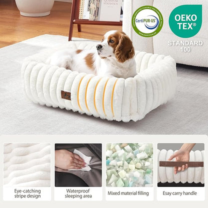 Washable Dog Bed for Small Medium Dogs - Rectangle Orthopedic Corduroy Fleece Pet Bed with Removable Cover and Nonskid Bottom, Calming Puppy Bed Soft Pet Sofa, Cream(25x21x7inchs)