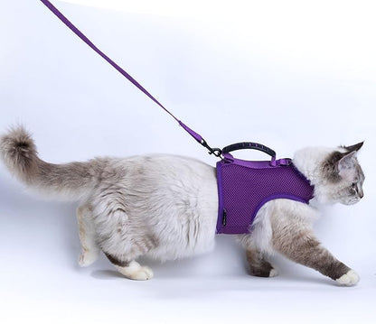 Cat Harness and Leash for Walking Escape Proof Breathable Mesh Fabric, Purple, Extra Large, Adjustable Cat Walking Jackets with Handle, Padded Stylish Cat Vest