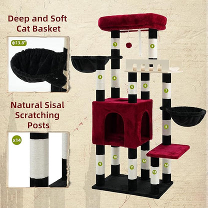 Cat Tree for Indoor Cats Large Adult, Heavy Duty Cat Tree for Large Cats 20 lbs+, Cat Condo with Big Wooden Perch, Cat Tower with 14 Scratching Posts, Hammock, Black GCT023BR