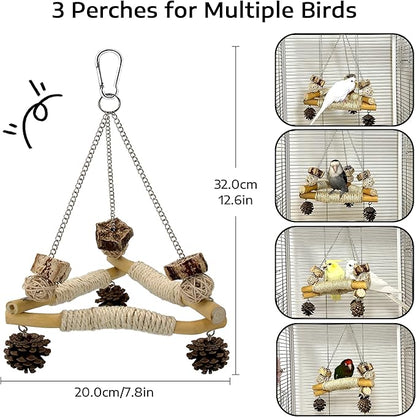Bird Swing for Cage with Chew Toys, 3 Sisal-Wrapped Parrot Perches & Stable Triangle Design, Wooden Hanging Parakeet Toys Swing for Cockatiel Lovebirds Conures Quaker Balance Training (S)