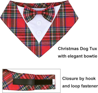 ADOGGYGO Christmas Dog Tuxedo Bandana, Red Plaid Pet Chritstmas Collar with Bowtie, Adjustable Christmas Costume for Medium Dogs Pets (M)