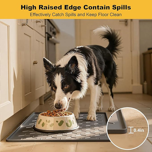 Pieviev 34''x22'' Dog Cat Food Bowl Mat, Silicone Waterproof Food Grade Pet Food Mat for Floor, High Raised Edge to Prevent Spills, Non-Slip & Easy Clean Pet Placemat for Dog & Cat Bowls, Dark Gray