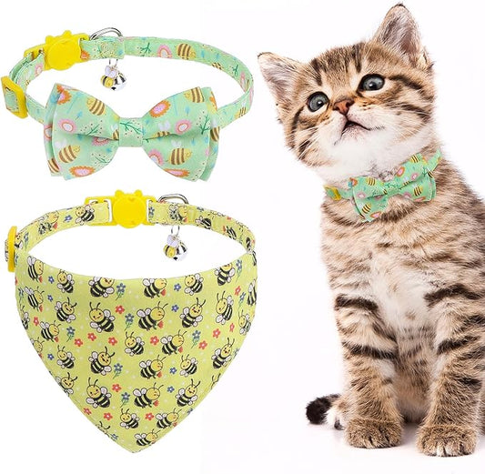 EXPAWLORER Spring Cat Collar Breakaway with Bells - 2 Pack Cute Flower Pet Collar with Removable Bow Tie and Bandana, Adjustable Safety Buckle with Bee Pendants for Girl Boy Cats Kitten