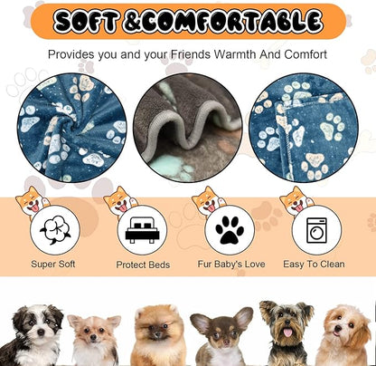 Rezutan Dog Blankets for Medium Pet, 3 Pack Blanket Fuzzy Cat Blankets Washable, Soft Comfort Flannel, Reversible Dog Paw Print, Gifts Puppy Essentials, 30 x 20 inch, 2Blue & 1Gray