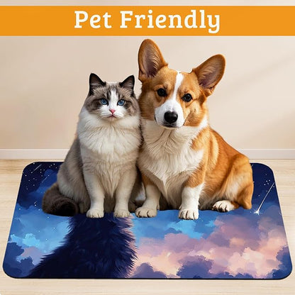 Cat Dog Food Mat,Starry Night Absorbent Pet Feeding Mat for Food and Water Bowl,Quick Dry Dog Placemat Non Slip Rubber Backing Waterproof Pet Supplies 16" x 24"