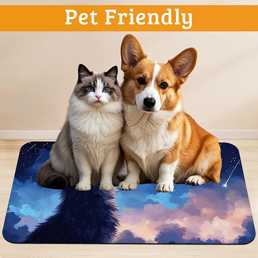 Cat Dog Food Mat,Starry Night Absorbent Pet Feeding Mat for Food and Water Bowl,Quick Dry Dog Placemat Non Slip Rubber Backing Waterproof Pet Supplies 16" x 24"