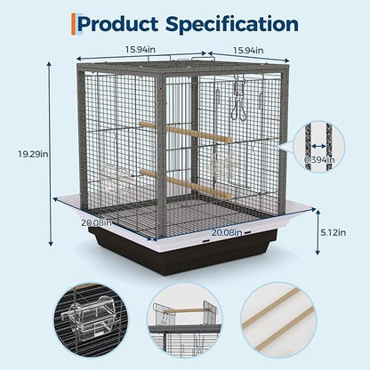 Bird Flight Cage 16 x 16 x 20 Inch, Wrought Iron Parrot Cage with Top Carry Handle, Food Cup, Removable Tray and Perches, Bird Carrier for Parakeet, Cockatiels, Budgies and Small Medium Birds