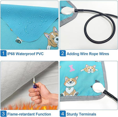 Cat Heating Pad,22x18 in Heated Cat Bed,Adjustable Thermostat+Constant On Function,with Metal Protective Tube Waterproof Puppy Heating Pad - Blue