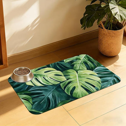 Tropical Palm Leaves Pet Feeding Mat, Absorbent Quick-Dry Dog Cat Bowl Mat, Non-Slip Bottom, Indoor Use – 12x20 Inch