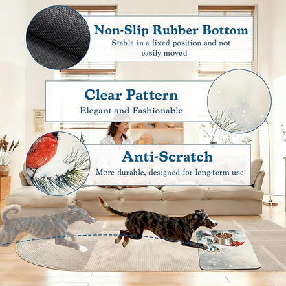Cardinal Bird Dog Food Mat–Chirstmas Snow Absorbent Quick Dry Feeding Placemat for Food and Water Bowls, Non Slip Rubber Backing, Waterproof Pet Supplies for Mess-Free Eating 16"x24"