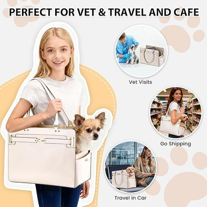 Dog Purse Carrier for Small Dogs, Stylish Foldable Pet Carrier Purse Tote Bag with Washable Cushion & Safety Leash, Airline Approved Puppy Travel Bag with Pockets (White)