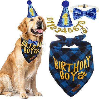 EXPAWLORER Dog Birthday Party Supplies - Dog Birthday Bandana Scarf and Party Hat with Numbers Boy Girl Pet Bow Tie, Cute Outfit for Small Medium Large Dogs (X-Large)