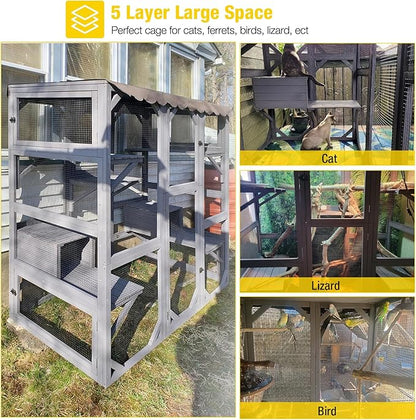 Aivituvin Cat House Outdoor Catio Kitty Enclosure with Super Large Enter Door,Wooden Cat Cage Condo Indoor Playpen with Platforms,Small House,70 Inch