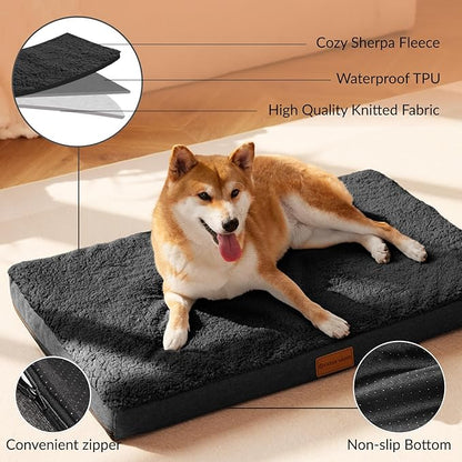 Patas Lague Orthopedic XL Dog Bed Large Sized Dog 48''X30'', Soft Waterproof Egg Crate Foam Large Pet Crate Beds Mat with Removable Washable Cover and Non-Slip Bottom, Black