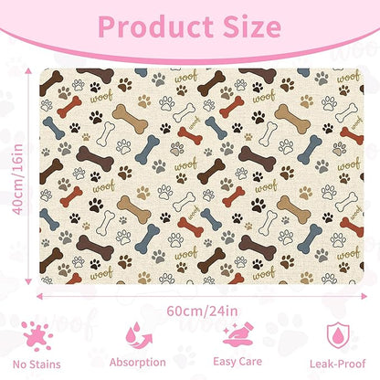 Dog Feeding Mat 24 x 16 Inch, Neutral Paw Bone Woof Dog Placemat Absorbent Quick-Dry for Food and Water, Waterproof Non Slip Rubber Pet Bowl Pad Mat for Floors