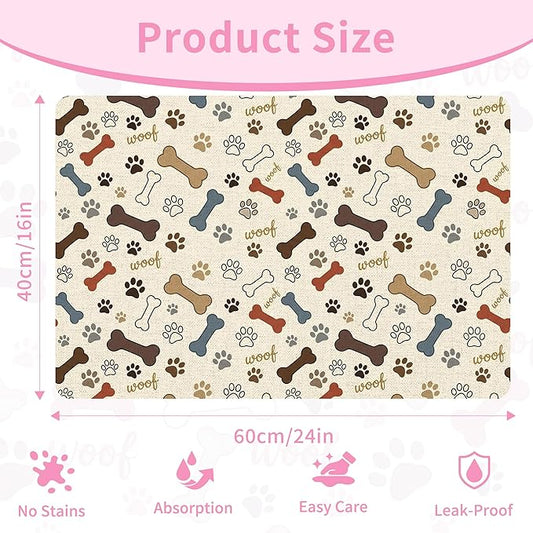 Dog Feeding Mat 24 x 16 Inch, Neutral Paw Bone Woof Dog Placemat Absorbent Quick-Dry for Food and Water, Waterproof Non Slip Rubber Pet Bowl Pad Mat for Floors