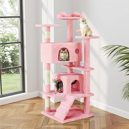 54 Inches Cat Tree Tower Condo Furniture, Cat Tower with Scratching Post, Multi-Level Climbing Tree Cat House Padded Plush Perch, Kittens Pet Play House, Light Gray